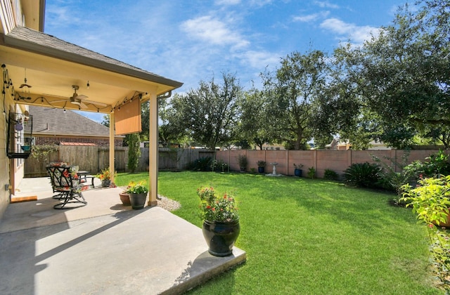 view of yard with a patio and ceiling fan