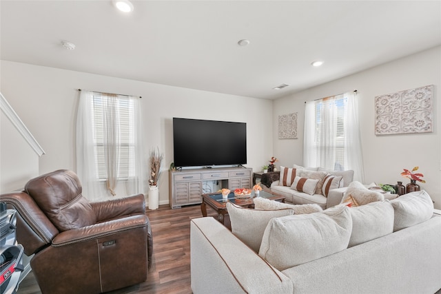 living room with dark hardwood / wood-style flooring and a healthy amount of sunlight