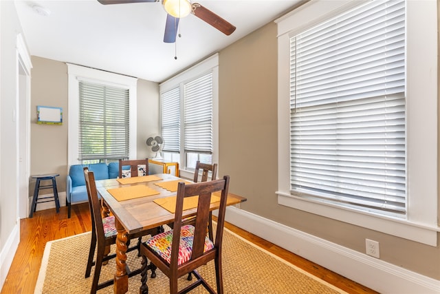 dining space with light wood-type flooring and ceiling fan