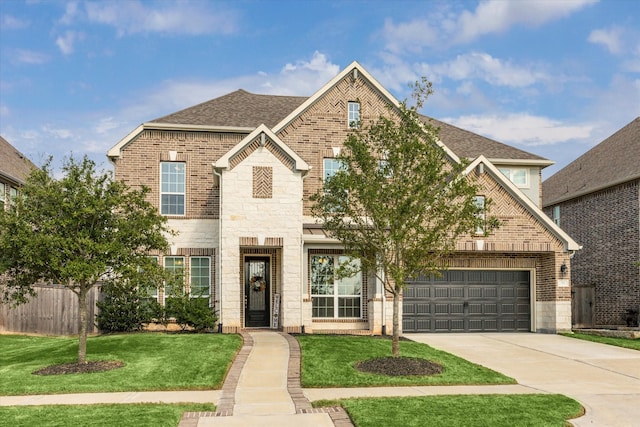 view of property with a front lawn and a garage