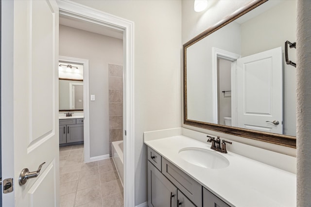 full bathroom featuring shower with separate bathtub, tile patterned flooring, vanity, and toilet