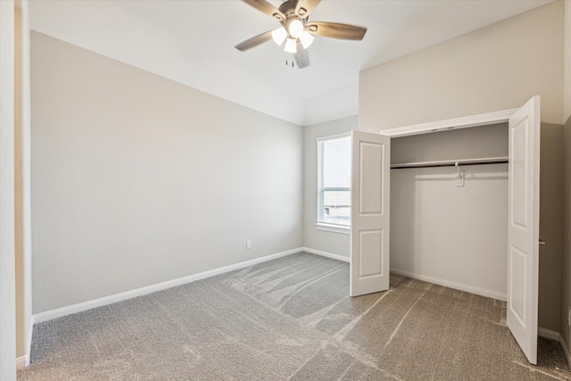 unfurnished bedroom featuring a closet, ceiling fan, and carpet floors