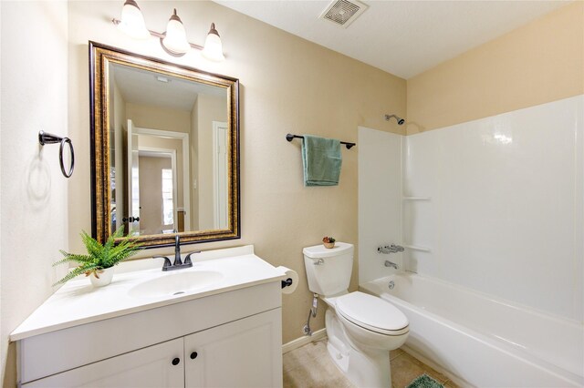 full bathroom with tub / shower combination, toilet, and vanity