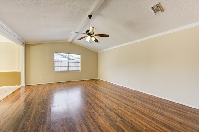 unfurnished room featuring ceiling fan, vaulted ceiling with beams, dark hardwood / wood-style flooring, and a textured ceiling