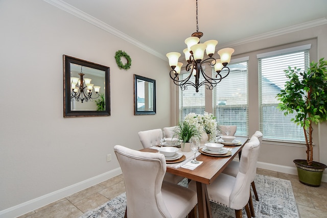 tiled dining area with ornamental molding and a notable chandelier