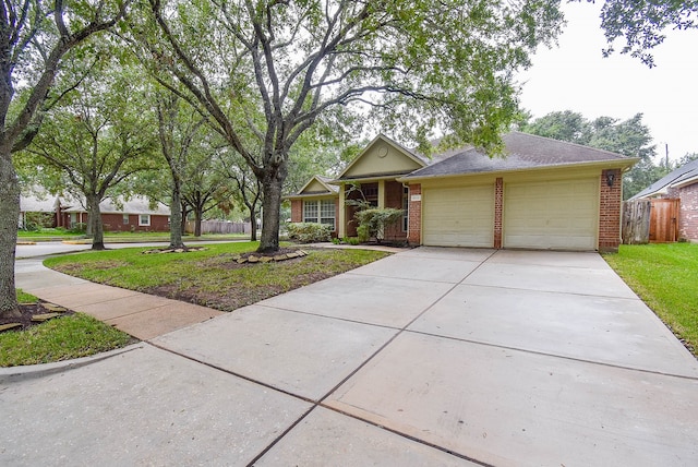 ranch-style house with a front yard and a garage