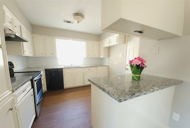 kitchen featuring white cabinets, black dishwasher, stainless steel range with electric stovetop, kitchen peninsula, and extractor fan