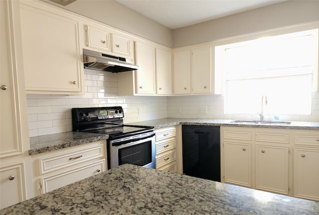 kitchen with dishwasher, sink, electric range, and tasteful backsplash