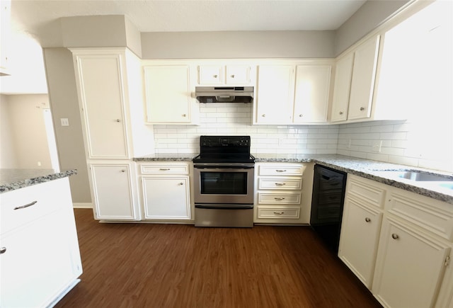 kitchen featuring black dishwasher, dark hardwood / wood-style flooring, stainless steel electric range, and light stone counters