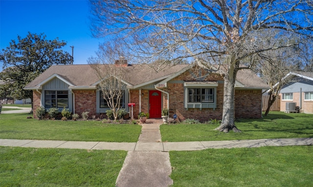 single story home featuring a front lawn and central AC unit