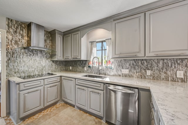 kitchen with light stone counters, stainless steel dishwasher, wall chimney exhaust hood, black electric cooktop, and sink