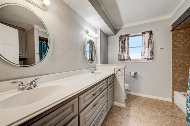 full bathroom with toilet,  shower combination, crown molding, tile patterned floors, and vanity