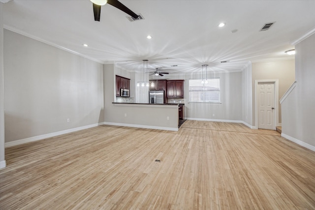 unfurnished living room with light wood-type flooring, crown molding, and ceiling fan