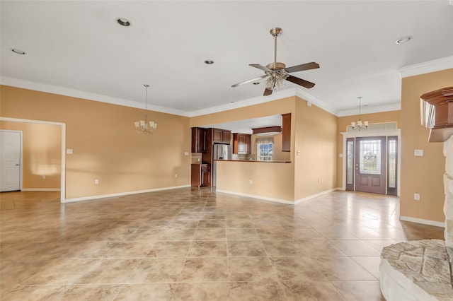 unfurnished living room with ceiling fan with notable chandelier, ornamental molding, and light tile patterned floors