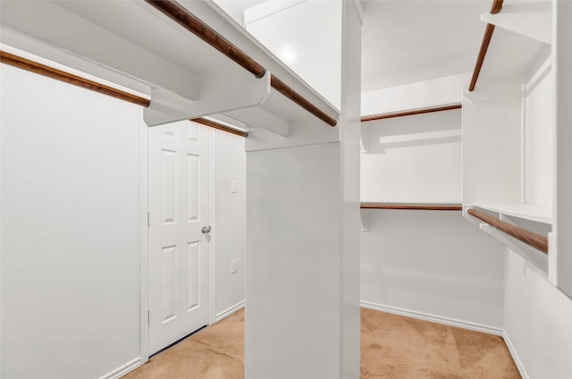 walk in closet featuring light carpet