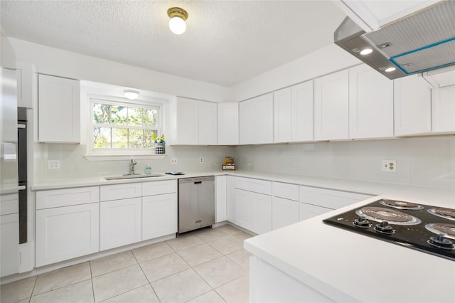 kitchen with extractor fan, white cabinetry, dishwasher, sink, and a textured ceiling