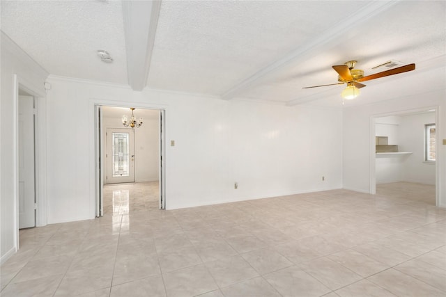 tiled spare room with ornamental molding, ceiling fan with notable chandelier, a textured ceiling, and beam ceiling