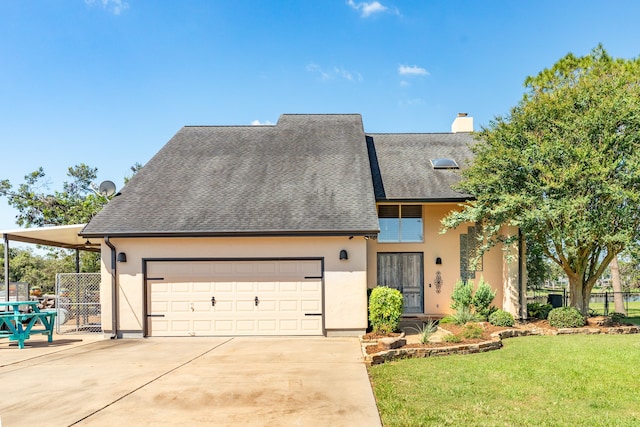 view of front of house featuring a front lawn and a garage