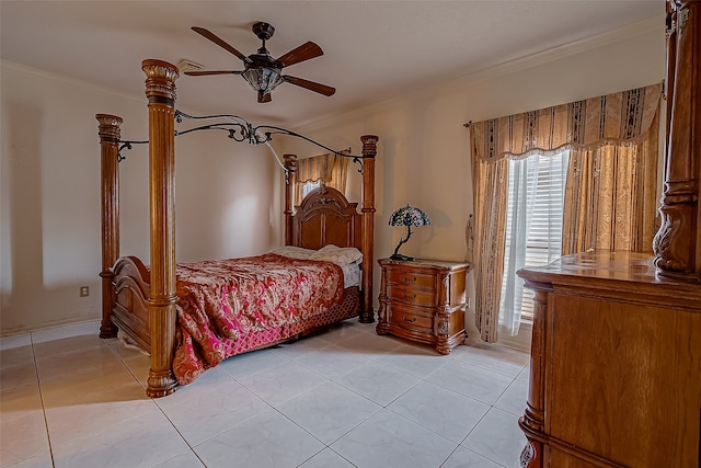 bedroom with ceiling fan, light tile patterned flooring, and crown molding