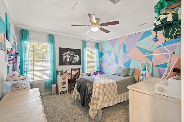 bedroom featuring ornamental molding, carpet, and ceiling fan