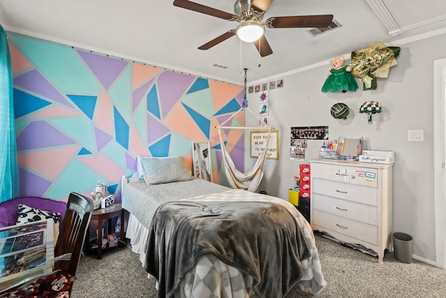 carpeted bedroom featuring crown molding and ceiling fan