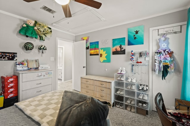 carpeted bedroom featuring crown molding and ceiling fan