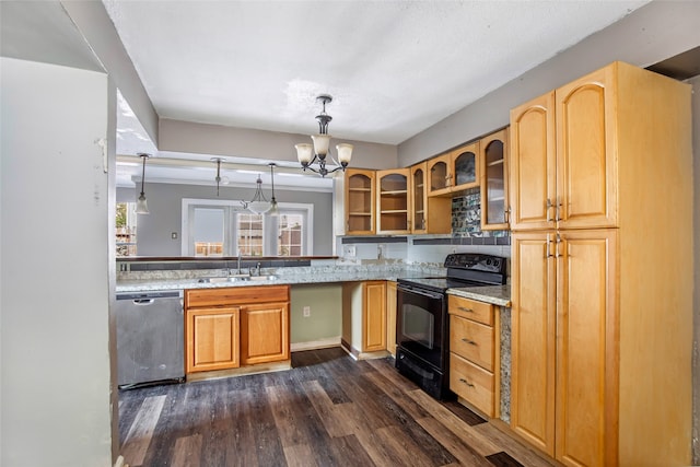 kitchen with dishwasher, black electric range oven, dark wood-type flooring, and a wealth of natural light