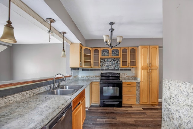 kitchen with pendant lighting, dark hardwood / wood-style floors, black electric range, sink, and stainless steel dishwasher