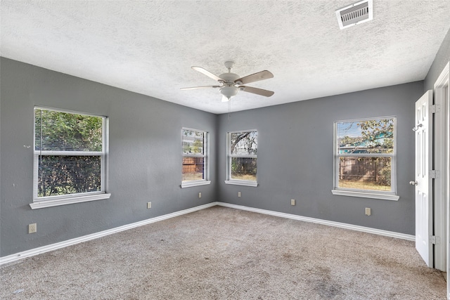 carpeted empty room with a wealth of natural light, a textured ceiling, and ceiling fan