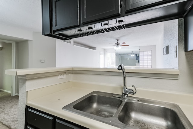 kitchen with carpet flooring, sink, and ceiling fan