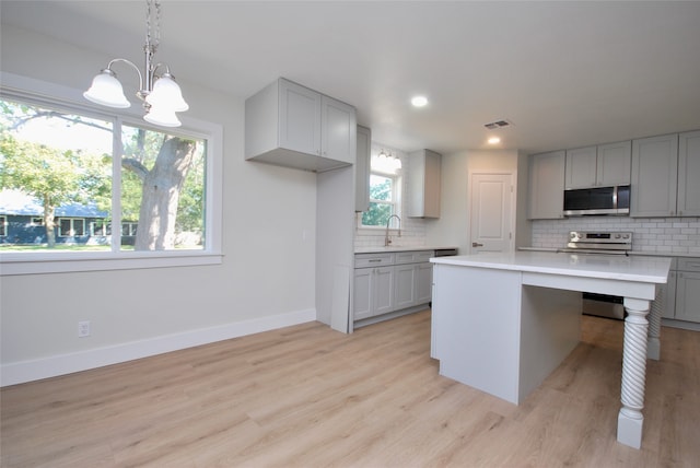 kitchen with a wealth of natural light, a kitchen island, appliances with stainless steel finishes, and gray cabinetry