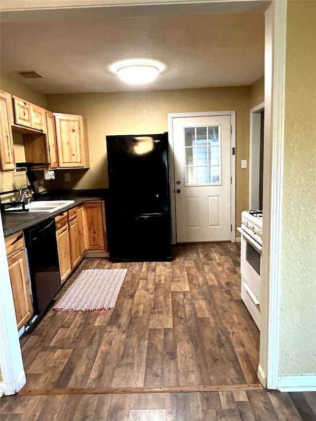 kitchen featuring light brown cabinets, sink, dark wood-type flooring, and black appliances