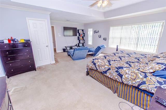 carpeted bedroom featuring ceiling fan and crown molding