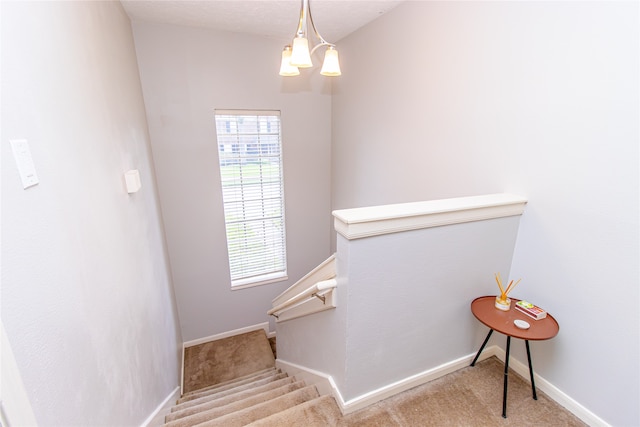 stairway featuring a chandelier and carpet floors