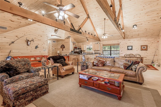 living area featuring wooden ceiling, a ceiling fan, wooden walls, and beam ceiling
