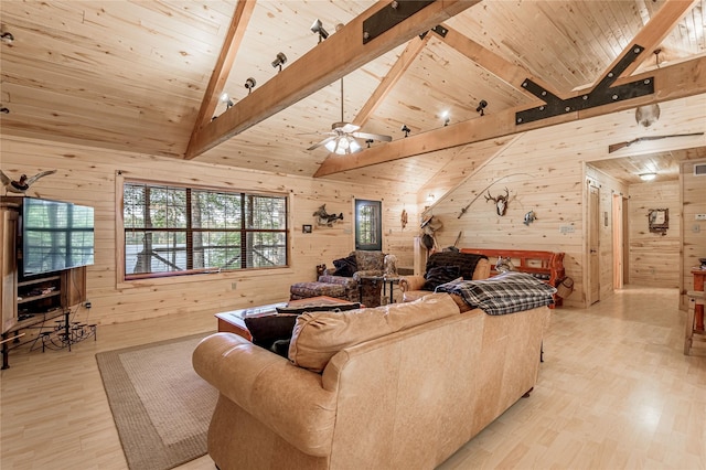 living room with beamed ceiling, light wood-style flooring, wood walls, and wooden ceiling