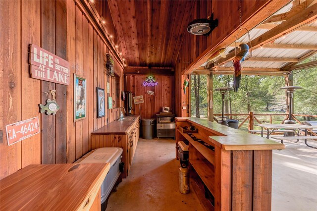 interior space with wood ceiling, wood walls, and sink