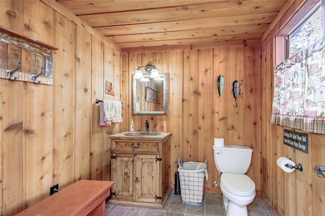bathroom featuring toilet, vanity, wooden ceiling, and wood walls