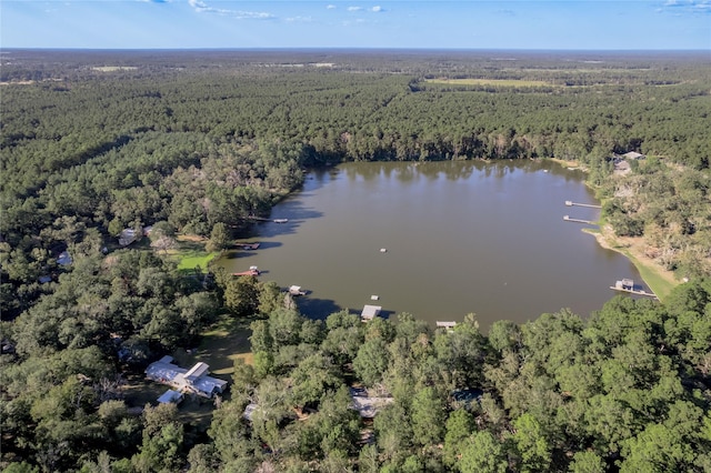 birds eye view of property with a wooded view and a water view