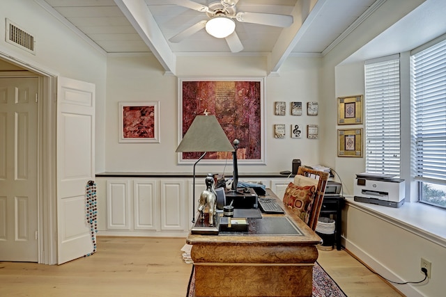 office space featuring light hardwood / wood-style flooring, ceiling fan, beamed ceiling, and ornamental molding