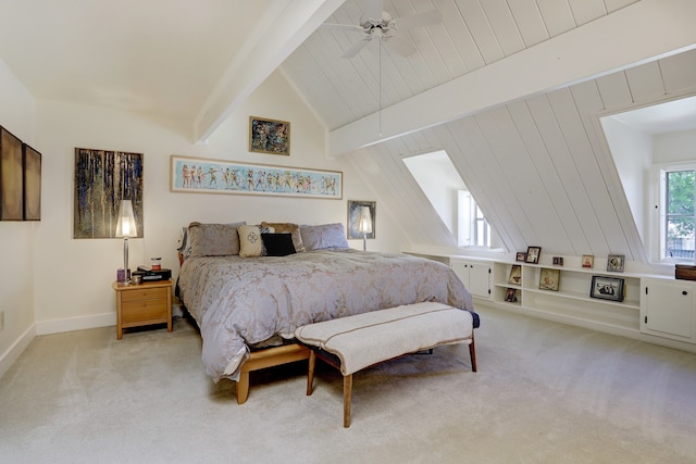 bedroom with light carpet, ceiling fan, and lofted ceiling with beams