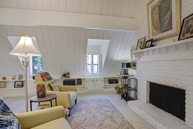 living room with wood ceiling, wood walls, a brick fireplace, light colored carpet, and vaulted ceiling