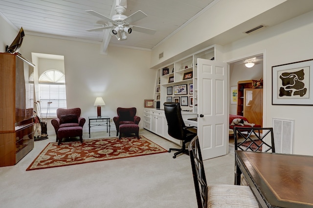 office featuring wooden ceiling, crown molding, ceiling fan, and light carpet