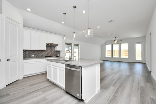 kitchen featuring white cabinets, a center island with sink, decorative light fixtures, and stainless steel dishwasher