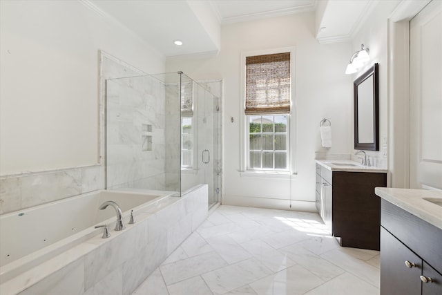 bathroom with vanity, crown molding, and separate shower and tub