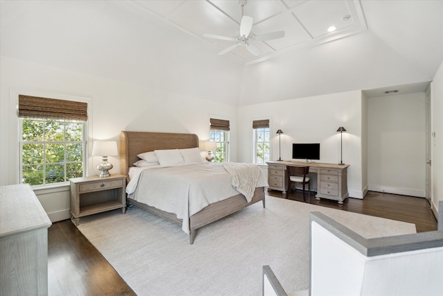 bedroom with ceiling fan and dark hardwood / wood-style floors