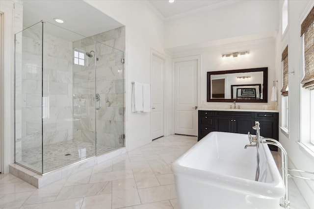 bathroom with vanity, independent shower and bath, and ornamental molding