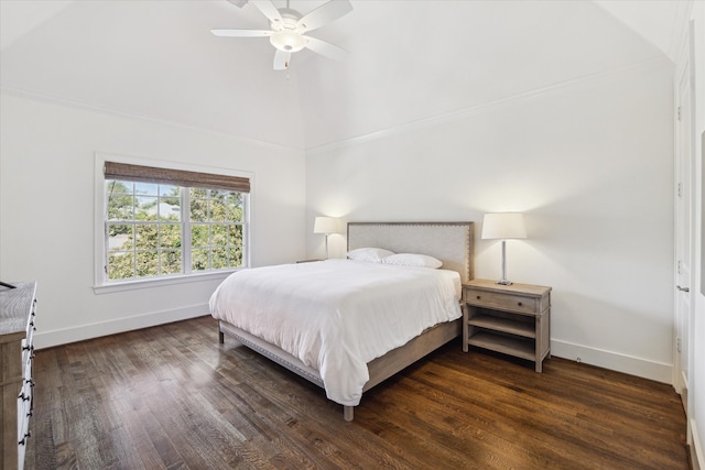 bedroom with dark hardwood / wood-style floors and ceiling fan