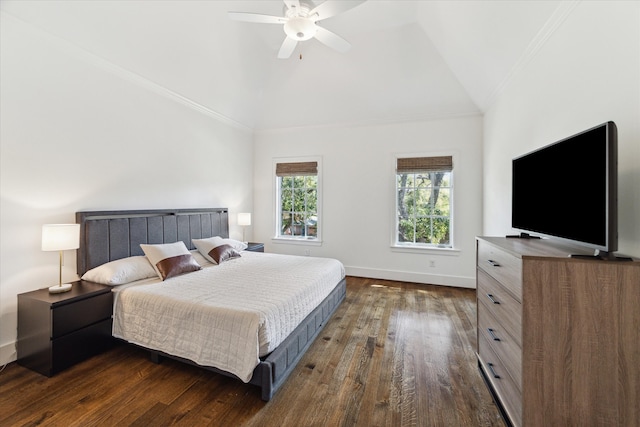 bedroom with ceiling fan, lofted ceiling, dark hardwood / wood-style flooring, and ornamental molding