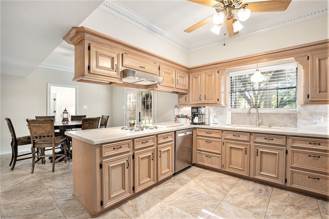 kitchen featuring stainless steel dishwasher, kitchen peninsula, sink, and ornamental molding